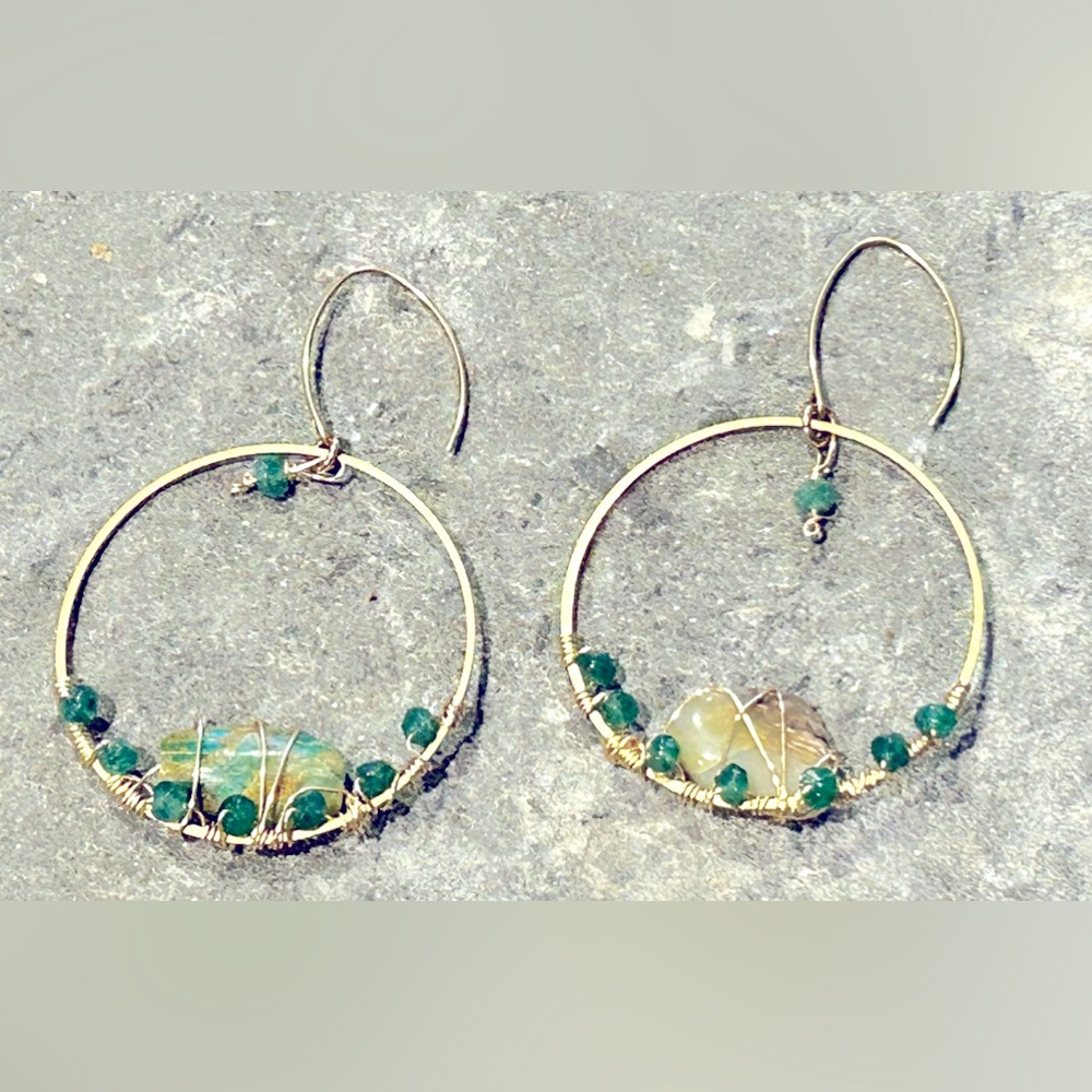 Green topaz and tourmaline hand wrapped brass earrings